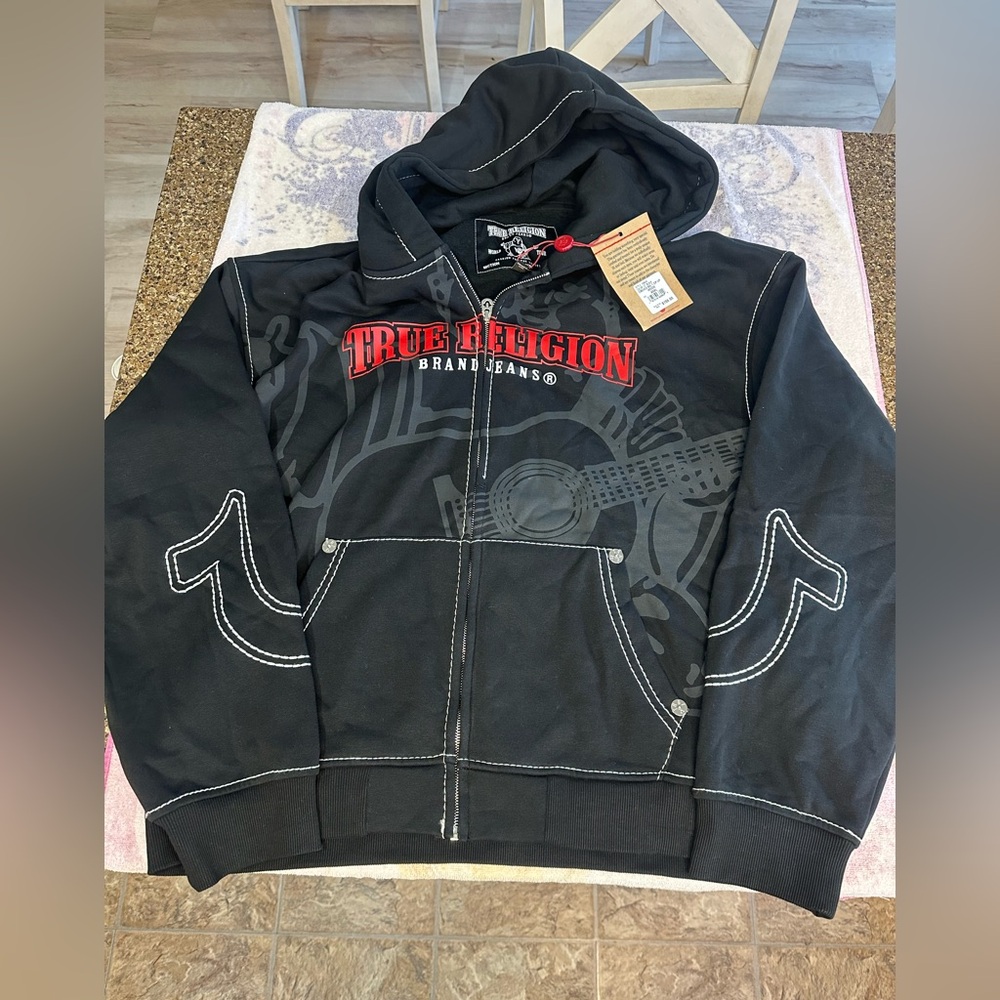 True Religion Jet Black Zip-Up Hoodie with Red Accents